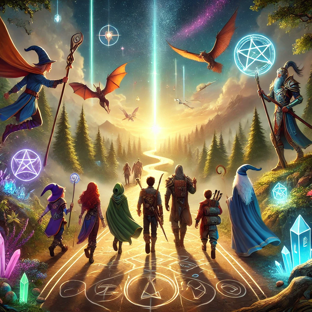 Personagens mágicos caminhando juntos em um caminho iluminado, simbolizando uma jornada de aventura e descobertas no AlquimiaGamer.
