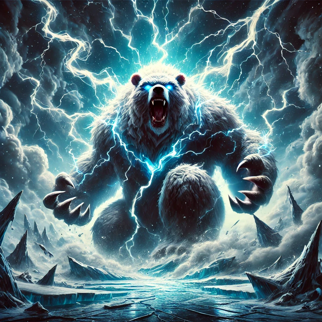 Ilustração épica de Volibear em meio a uma tempestade com garras de gelo.